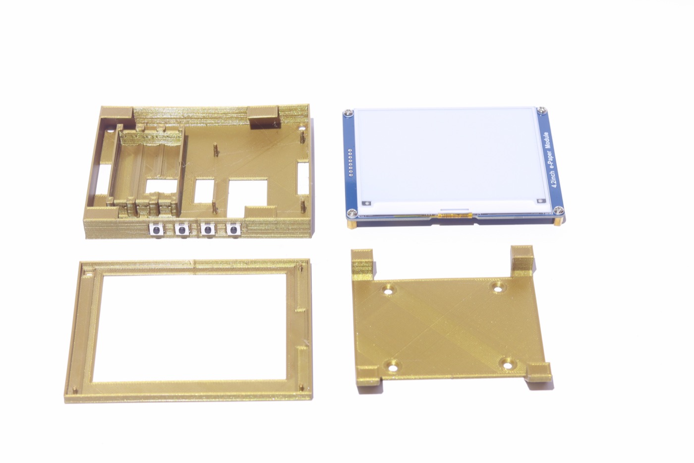 Tinta 4.2 inch kit, exploded view: 3D-printed enclosure, e-paper module, and frame